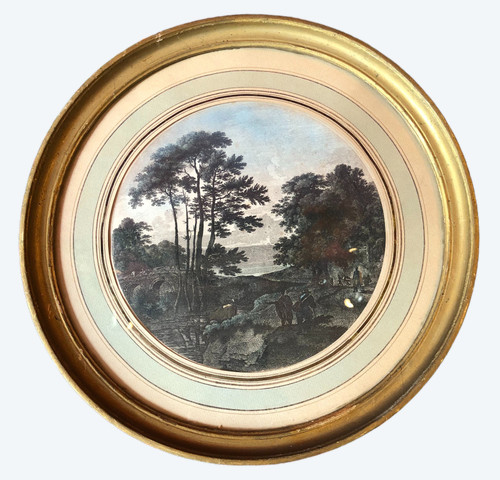 Tondo landscape engraving