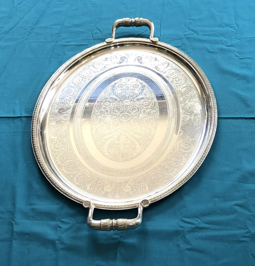 large oval serving tray with CHRISTOFLE handles, MALMAISON model, silver metal