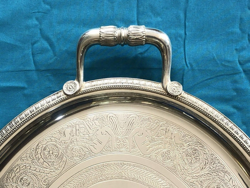 large oval serving tray with CHRISTOFLE handles, MALMAISON model, silver metal