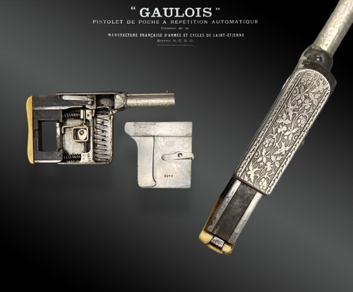 Pistolet à répétition automatique « GAULOIS » N°2, argenté, avec étui - France - XIXème siècle