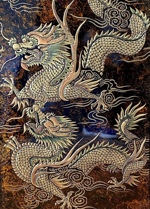 Vietnam, Années 1960/1970, Importante Paire De Panneaux De Laque Dragons Et Perle Sacrée. 