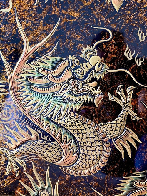 Vietnam, Années 1960/1970, Importante Paire De Panneaux De Laque Dragons Et Perle Sacrée. 