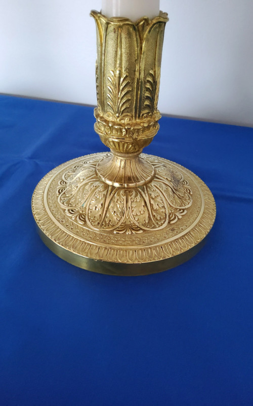 Pair of Candlesticks in gilded bronzes and white Carrara marble late 19th Century Empire Style