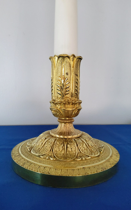 Pair of Candlesticks in gilded bronzes and white Carrara marble late 19th Century Empire Style