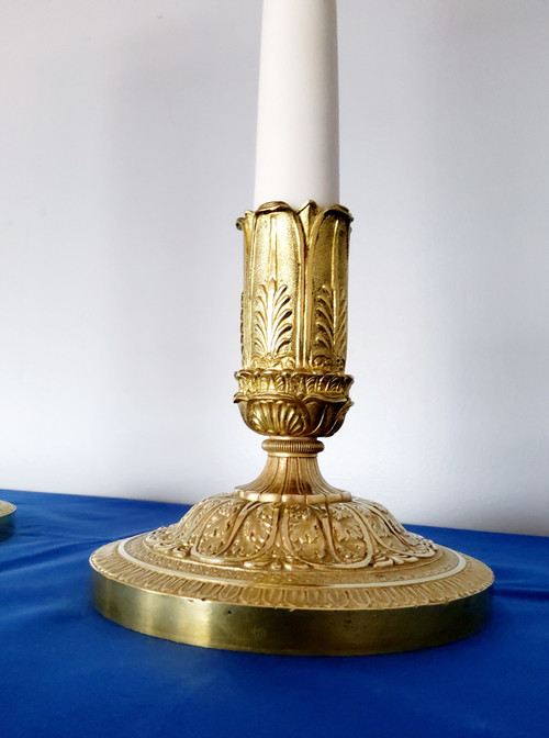 Pair of Candlesticks in gilded bronzes and white Carrara marble late 19th Century Empire Style