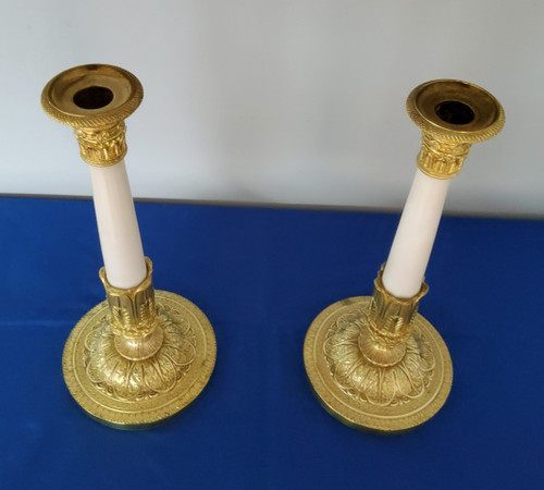 Pair of Candlesticks in gilded bronzes and white Carrara marble late 19th Century Empire Style