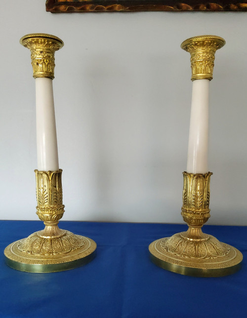 Pair of Candlesticks in gilded bronzes and white Carrara marble late 19th Century Empire Style