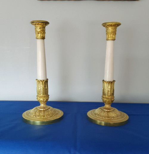 Pair of Candlesticks in gilded bronzes and white Carrara marble late 19th Century Empire Style