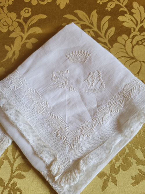 Two handkerchiefs embroidered with crowns and monograms, 19th century period