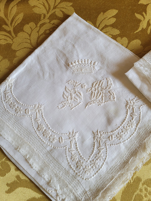 Two handkerchiefs embroidered with crowns and monograms, 19th century period