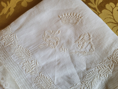 Two handkerchiefs embroidered with crowns and monograms, 19th century period