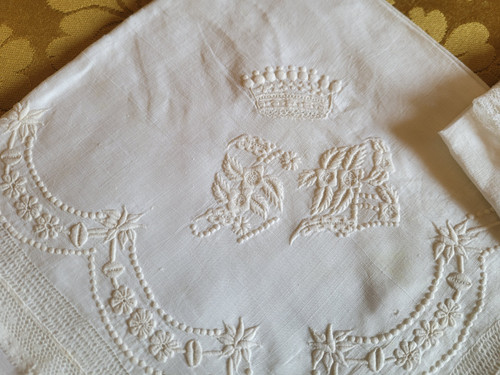 Two handkerchiefs embroidered with crowns and monograms, 19th century period