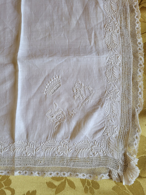 Two handkerchiefs embroidered with crowns and monograms, 19th century period