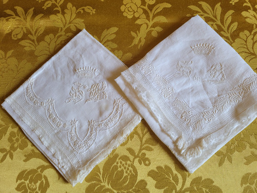 Two handkerchiefs embroidered with crowns and monograms, 19th century period