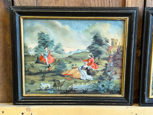 Pair Of 18th Century Glass Fixtures - Romantic Scene And Hunting Scene.