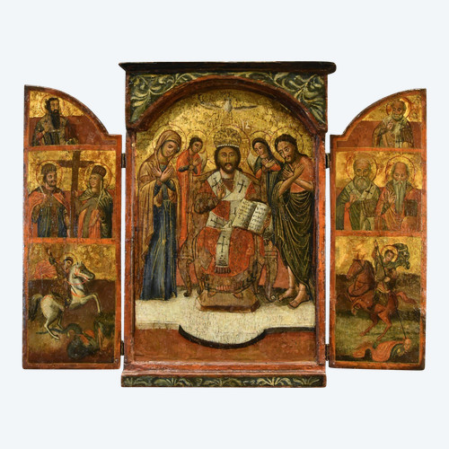 Greek Triptych Icon With The Deesis And Saints, Greece 17th Century