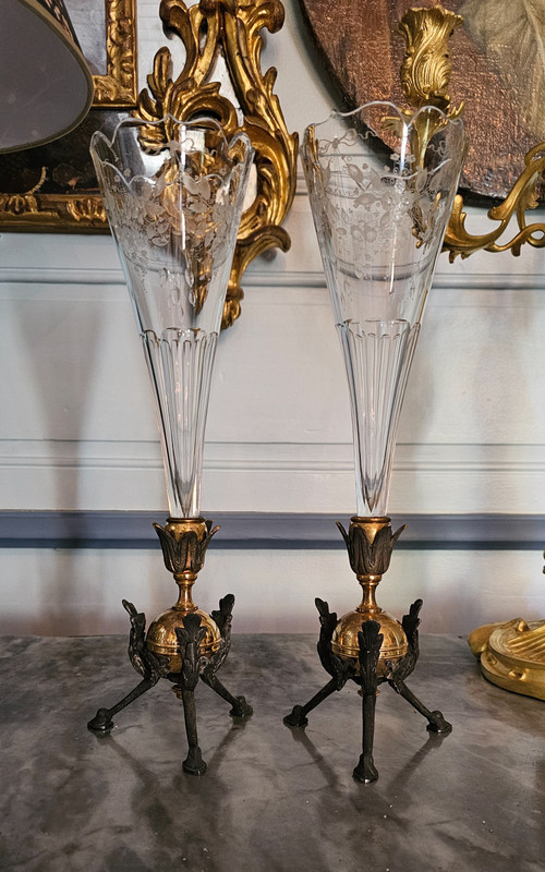 Pair of crystal and bronze soliflores, tripod feet, 19th century