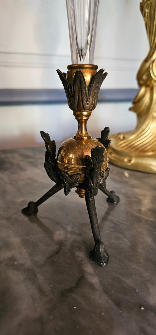 Pair of crystal and bronze soliflores, tripod feet, 19th century