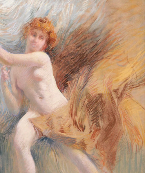 Henri Le Riche, Donna nuda, pastello, pittura impressionista di disegno Art Nouveau