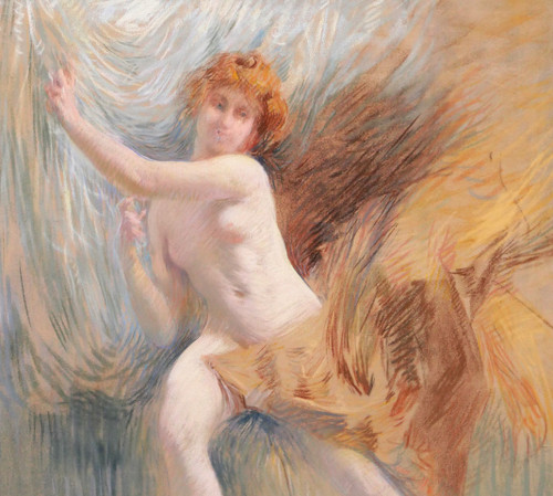 Henri Le Riche, Donna nuda, pastello, pittura impressionista di disegno Art Nouveau