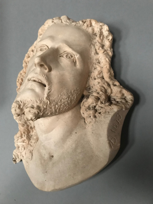 19th century sculpture the face of Christ monogram 1873