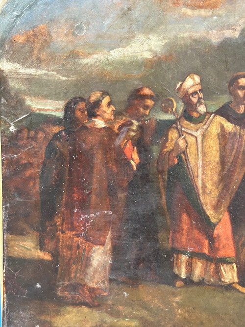 Oil painting on cardboard depicting Pope Leo I asking Attila not to invade Rome in 452