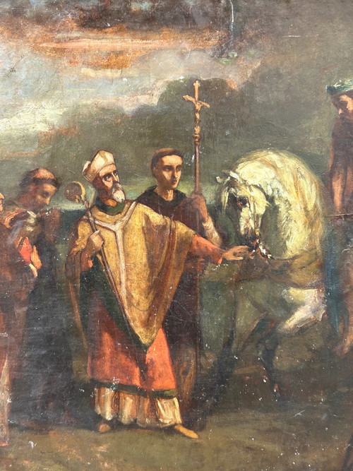 Oil painting on cardboard depicting Pope Leo I asking Attila not to invade Rome in 452