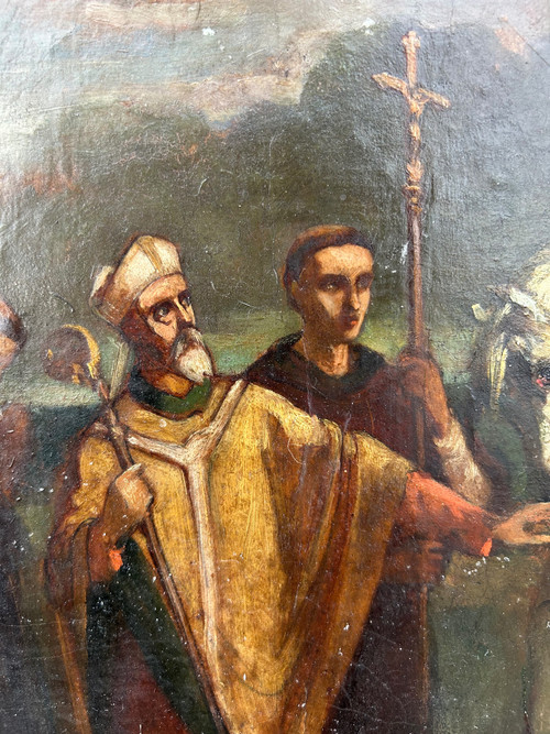 Oil painting on cardboard depicting Pope Leo I asking Attila not to invade Rome in 452