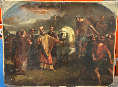 Oil painting on cardboard depicting Pope Leo I asking Attila not to invade Rome in 452