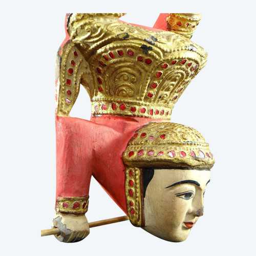 Burma, 1930s/1950s, Polychrome Wooden Statue Decorated With Glasswork Of A Nat Acrobat.