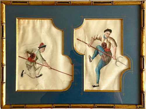 Chine, Vers 1900, Ensemble De Deux Gouaches Sur Papier De Riz Militaires Aux Lances.