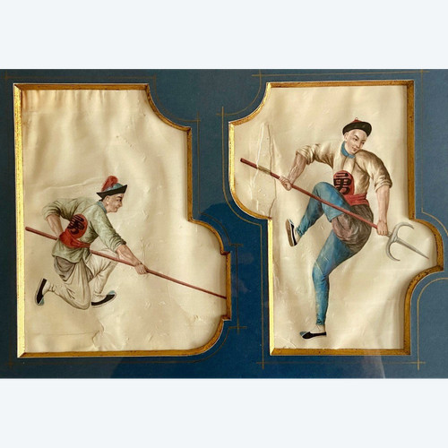 Chine, Vers 1900, Ensemble De Deux Gouaches Sur Papier De Riz Militaires Aux Lances.