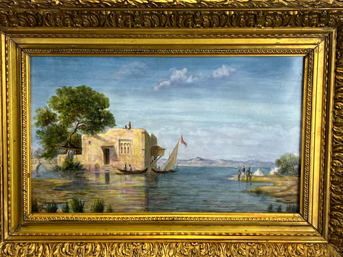 PAINTING / PAINTING ON CERAMIC PLATE “ORIENTAL LAKE SCENE” FRAMED