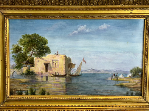 PAINTING / PAINTING ON CERAMIC PLATE “ORIENTAL LAKE SCENE” FRAMED