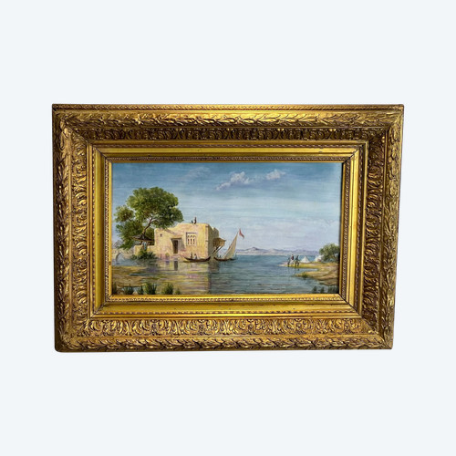 PAINTING / PAINTING ON CERAMIC PLATE “ORIENTAL LAKE SCENE” FRAMED