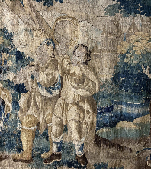 Grande tapisserie Aubusson personnages Danse paysage château blason XVIIème