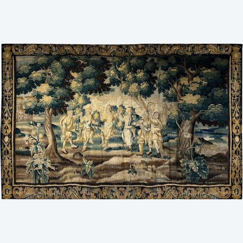 Grande tapisserie Aubusson personnages Danse paysage château blason XVIIème