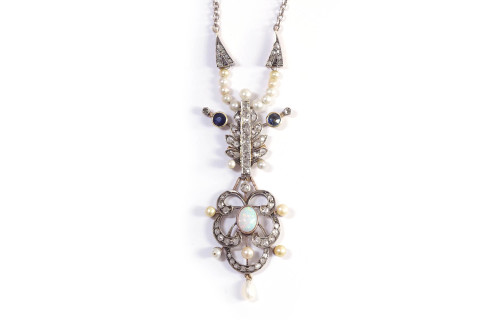 Opal diamond pendant necklace in 9k gold and silver, Belle Epoque necklace, Edwardian pendant