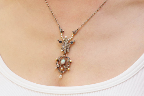 Opal diamond pendant necklace in 9k gold and silver, Belle Epoque necklace, Edwardian pendant