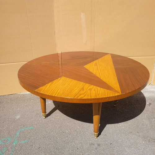 Grande table basse ronde en marqueterie de bois