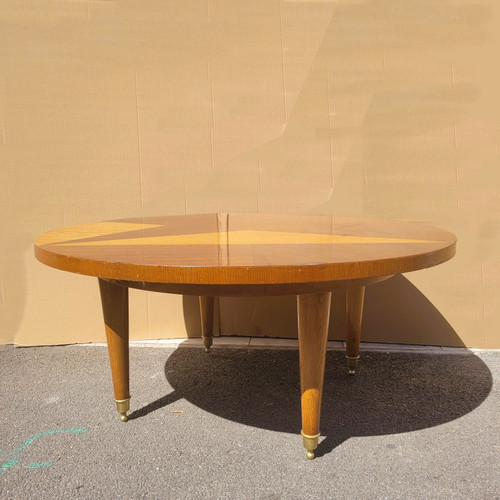 Grande table basse ronde en marqueterie de bois