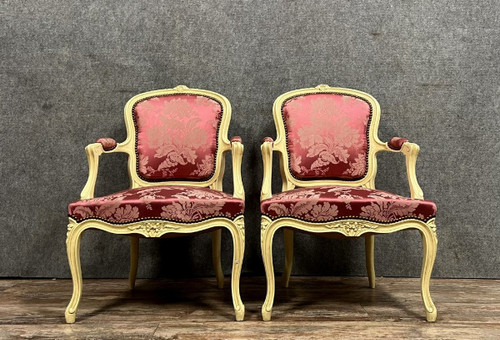 pair of Louis XV style cabriolet armchairs in lacquered and carved wood circa 1900