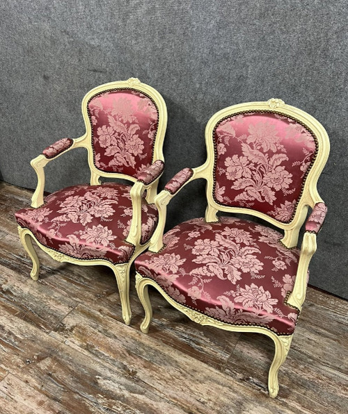 pair of Louis XV style cabriolet armchairs in lacquered and carved wood circa 1900