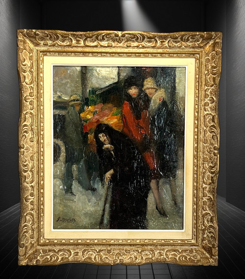 PAINTING / OIL ON CANVAS SIGNED BY PIERRE DE.BELAIR "ELEGANTES AU MARCHÉ" (ELEGANTS AT THE MARKET)