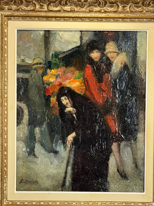 PAINTING / OIL ON CANVAS SIGNED BY PIERRE DE.BELAIR "ELEGANTES AU MARCHÉ" (ELEGANTS AT THE MARKET)