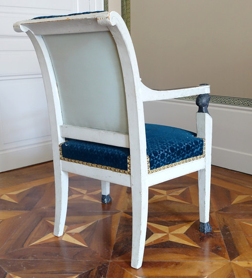 Pair of Consulat period armchairs in lacquered wood, velvet stamped Lelièvre-Bonvallet, circa 1800