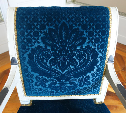 Pair of Consulat period armchairs in lacquered wood, velvet stamped Lelièvre-Bonvallet, circa 1800