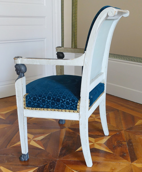 Pair of Consulat period armchairs in lacquered wood, velvet stamped Lelièvre-Bonvallet, circa 1800