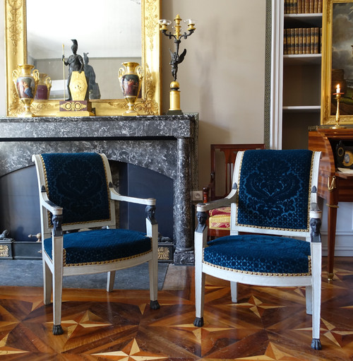 Pair of Consulat period armchairs in lacquered wood, velvet stamped Lelièvre-Bonvallet, circa 1800