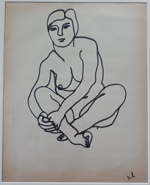 Lam Dong, Ecole de Paris - Seated female nude - ink on paper